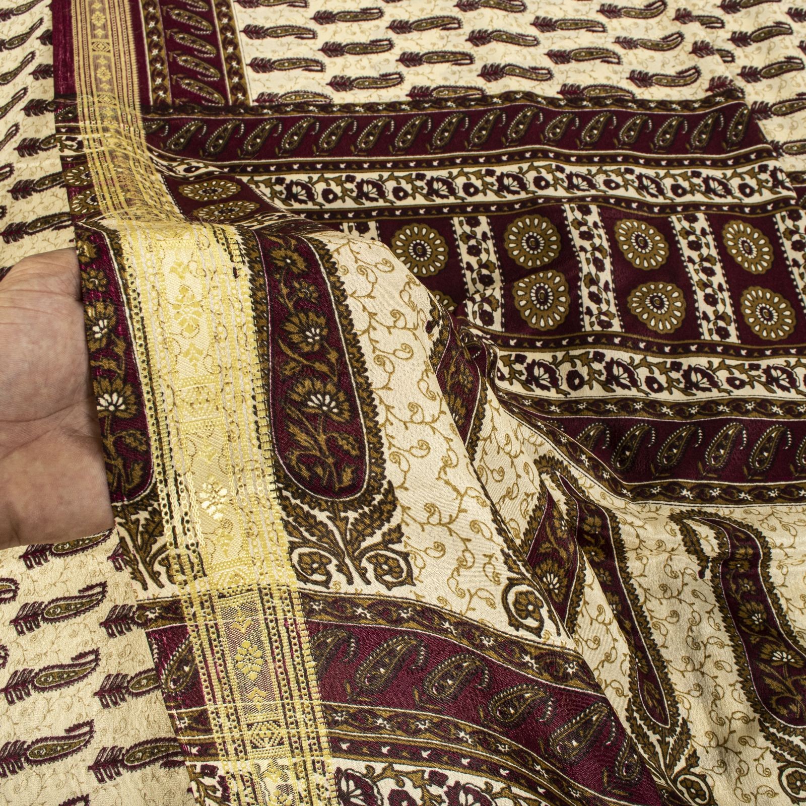 Sanskriti Vintage Beige-Wine Moss Crepe Saree Paisley Printed Fabric 6 Yard Sari