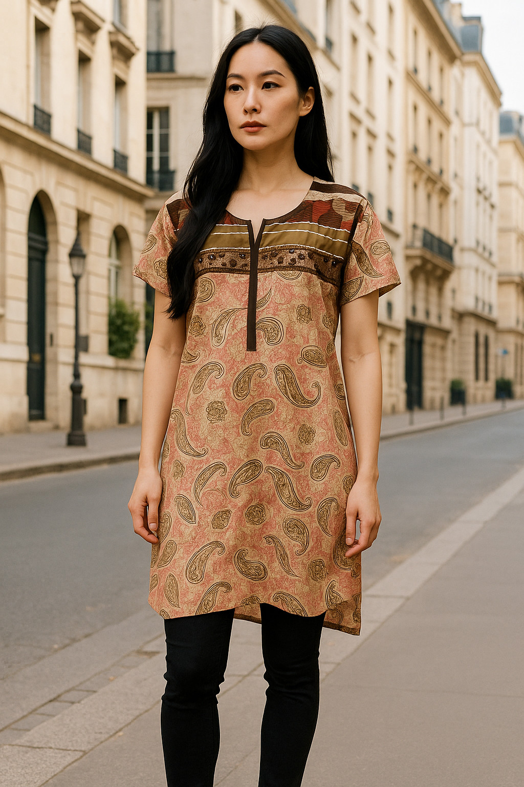 Tunic for Women 100% Cotton Pink Kurti Golden Leaf and Flower Design Round Neck