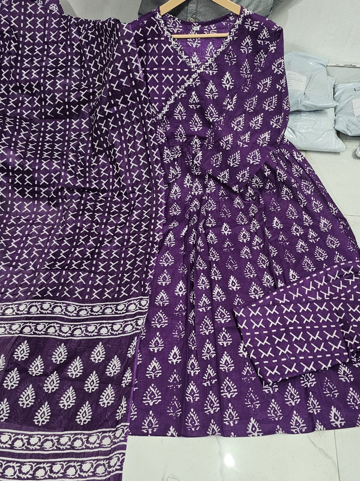 Purple Angrakha Style women’s Anarkali cotton Kurta with Pant and Dupatta set,