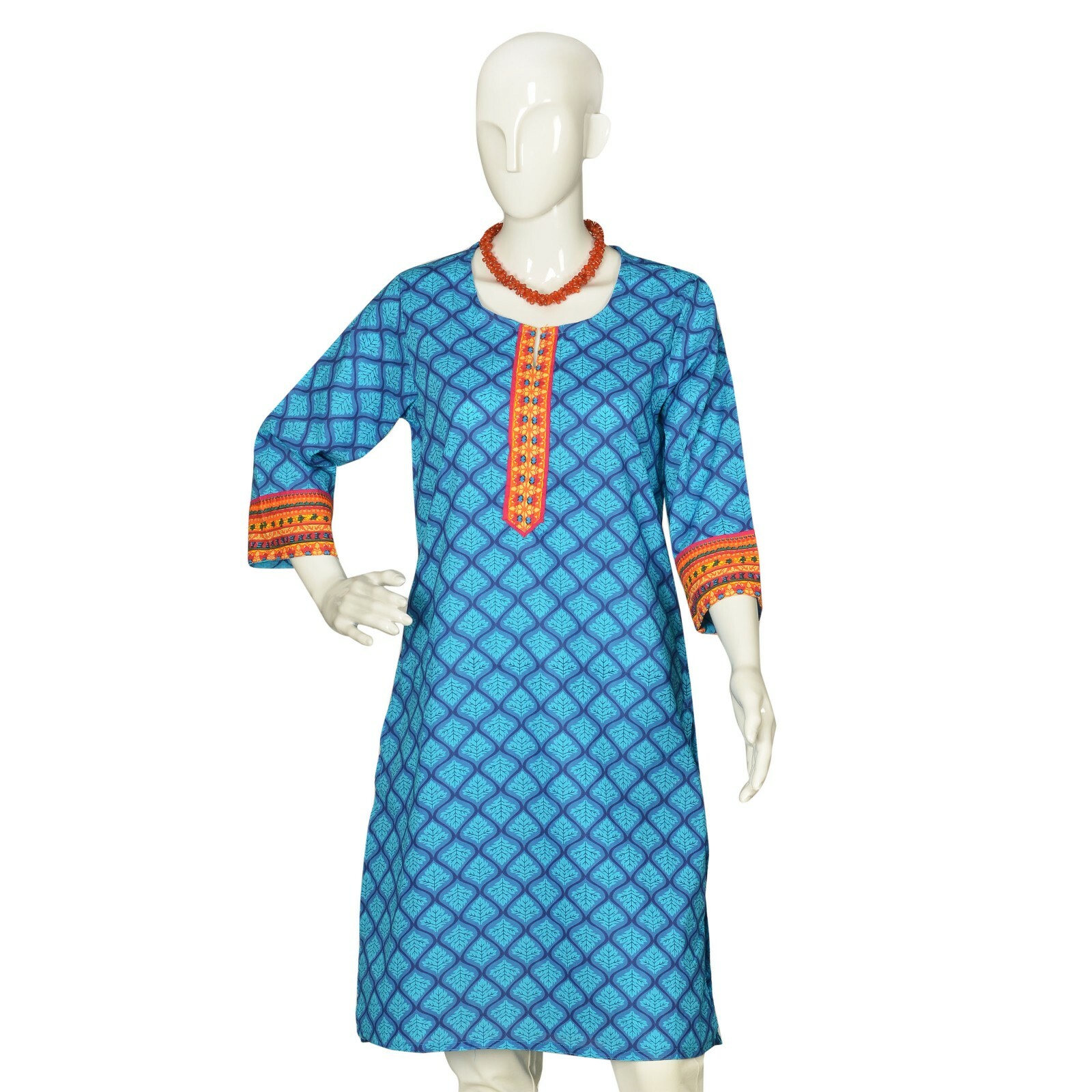 Srishti M-97cm 100%Cotton Kurta with Tesselating Leaf Design(Blue)/FREE SHIP
