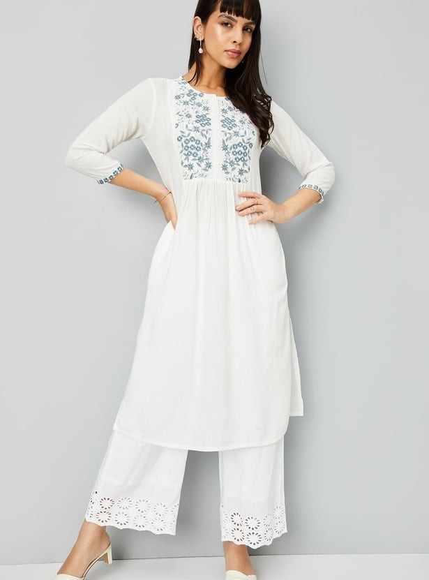 White Embroidered Kurta Women Floral Ethnic Indian Casual Long Kurti Top