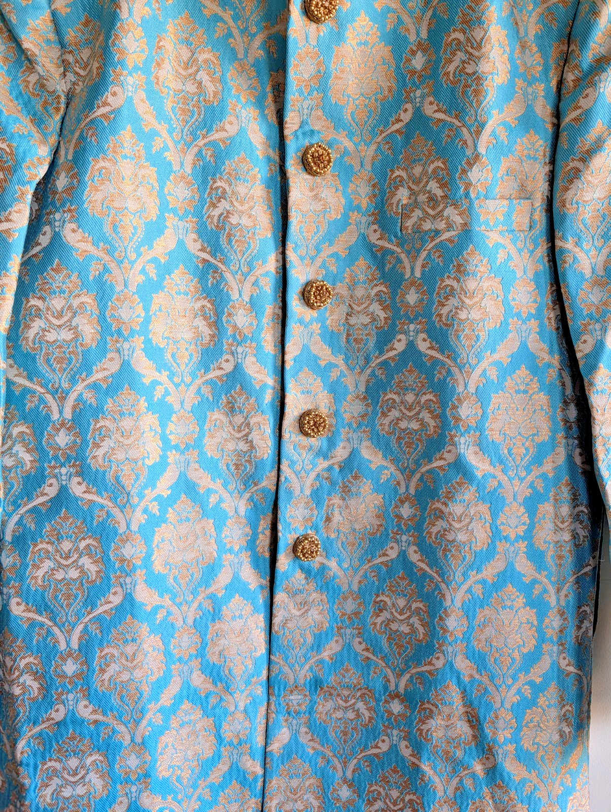 Sherwani Indo Western Set Aqua Gold Mandarin Neck Party Wedding Wear 42 “x 21”