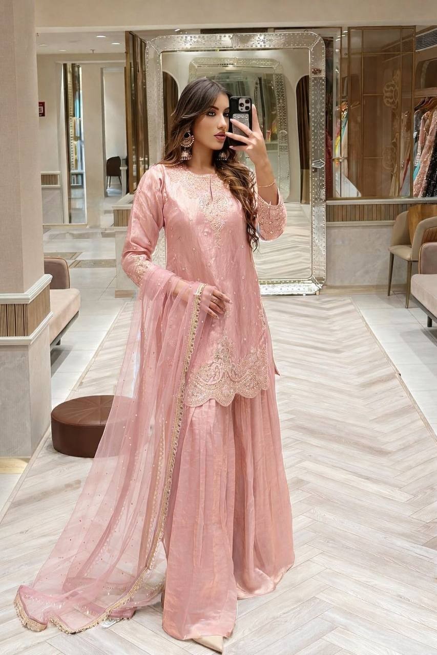 Attractive Silk Peach Top Palazzo With Dupatta For Functional Wear