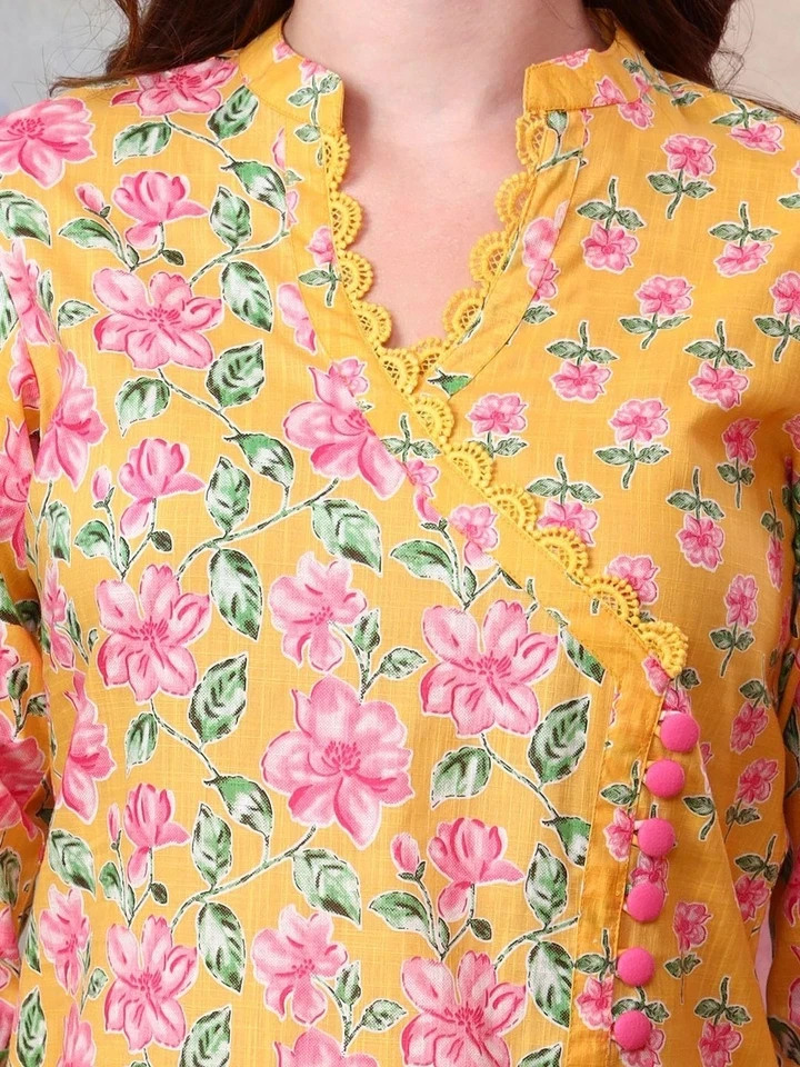 Indian Women Yellow & Pink Pure Cotton Floral Printed Kurta with Trouser Set