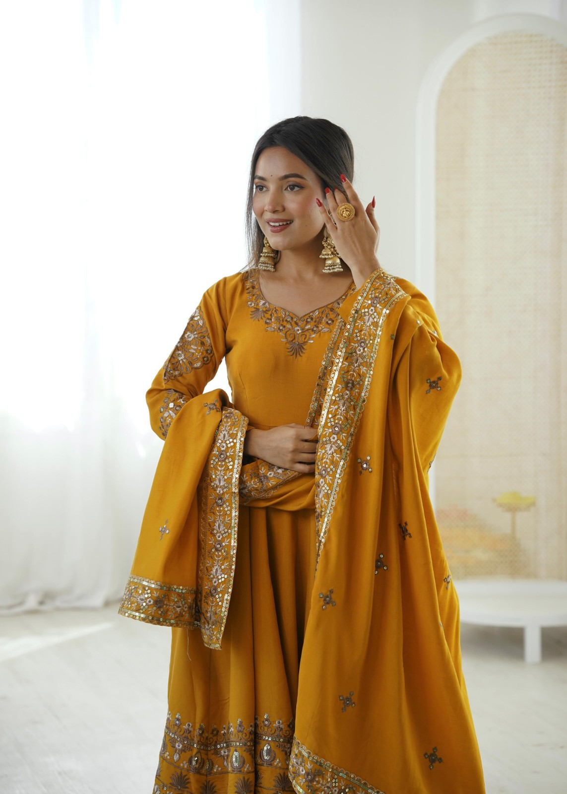 Readymade Women Bridal Roman Silk Yellow Gown Dupatta Wedding Wear Wedding Party