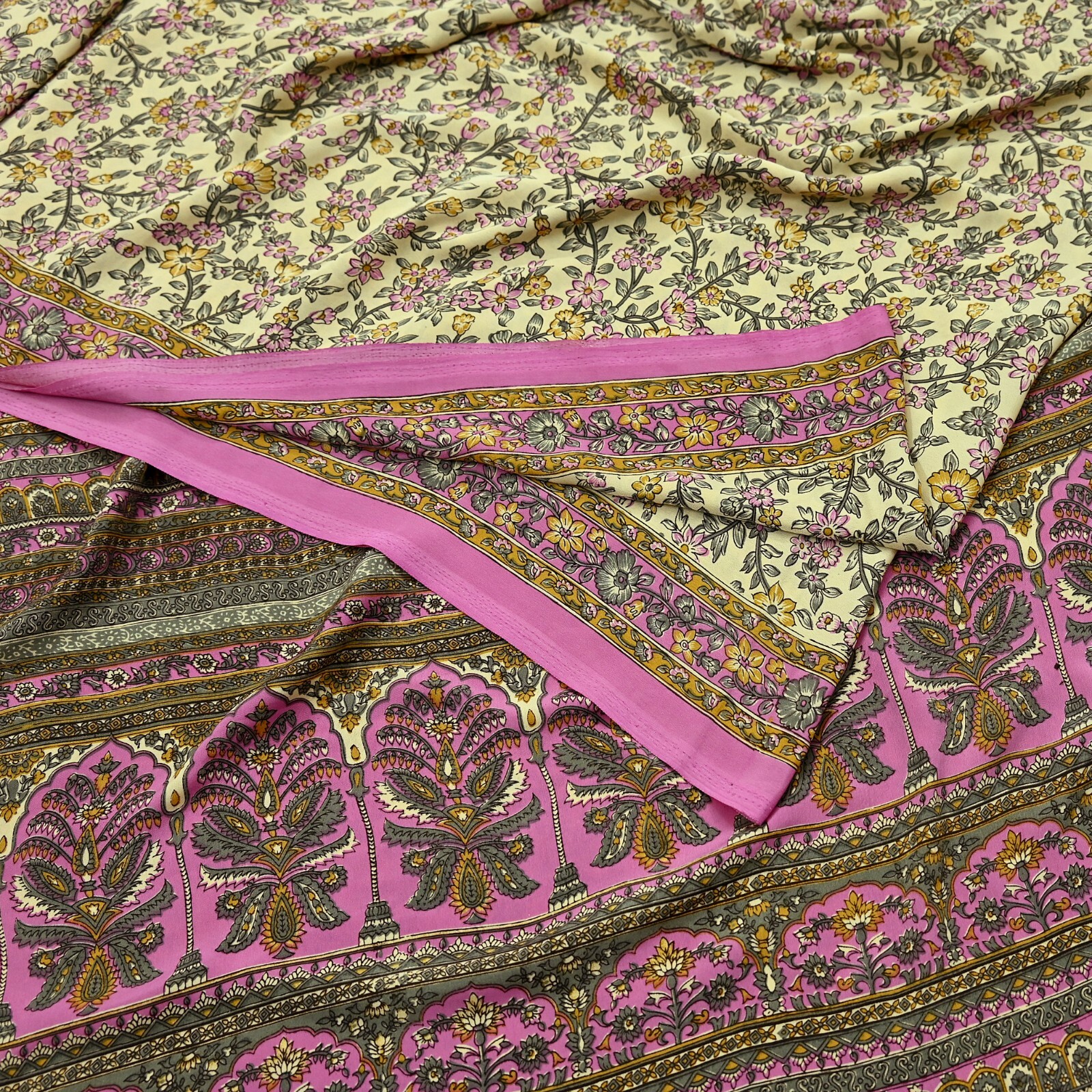 Vintage Sari Ivory & Pink Moss Crepe Printed Sarees 5yd Craft Fabric Sewing Soft
