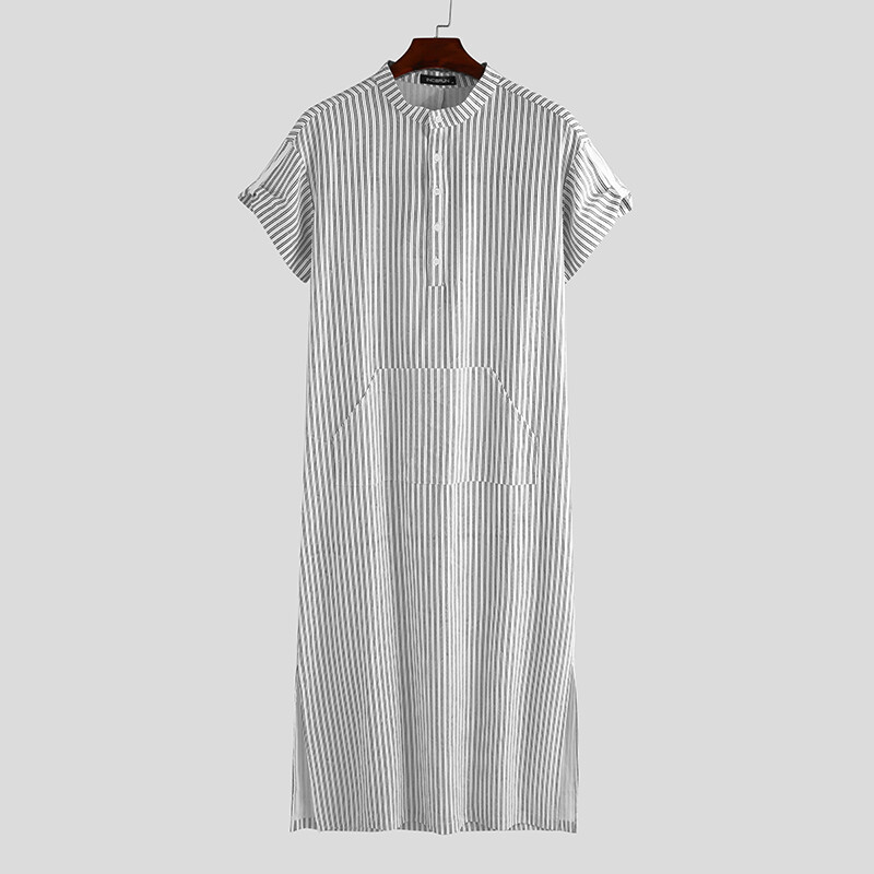 Fashion Men’s Muslim Short Sleeve Striped Thobe Saudi Arab Islamic Jubba Kaftan