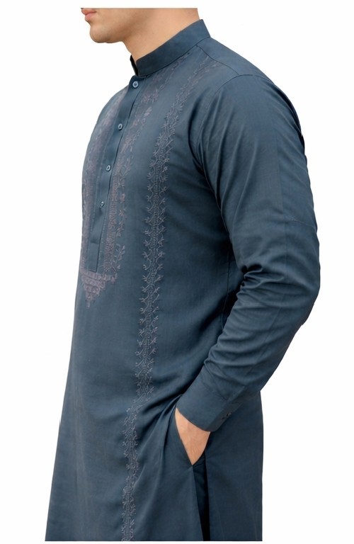 men’s Kurta Embroided Kurta Gray Cotton Slim Fit Shalwar Kameez.