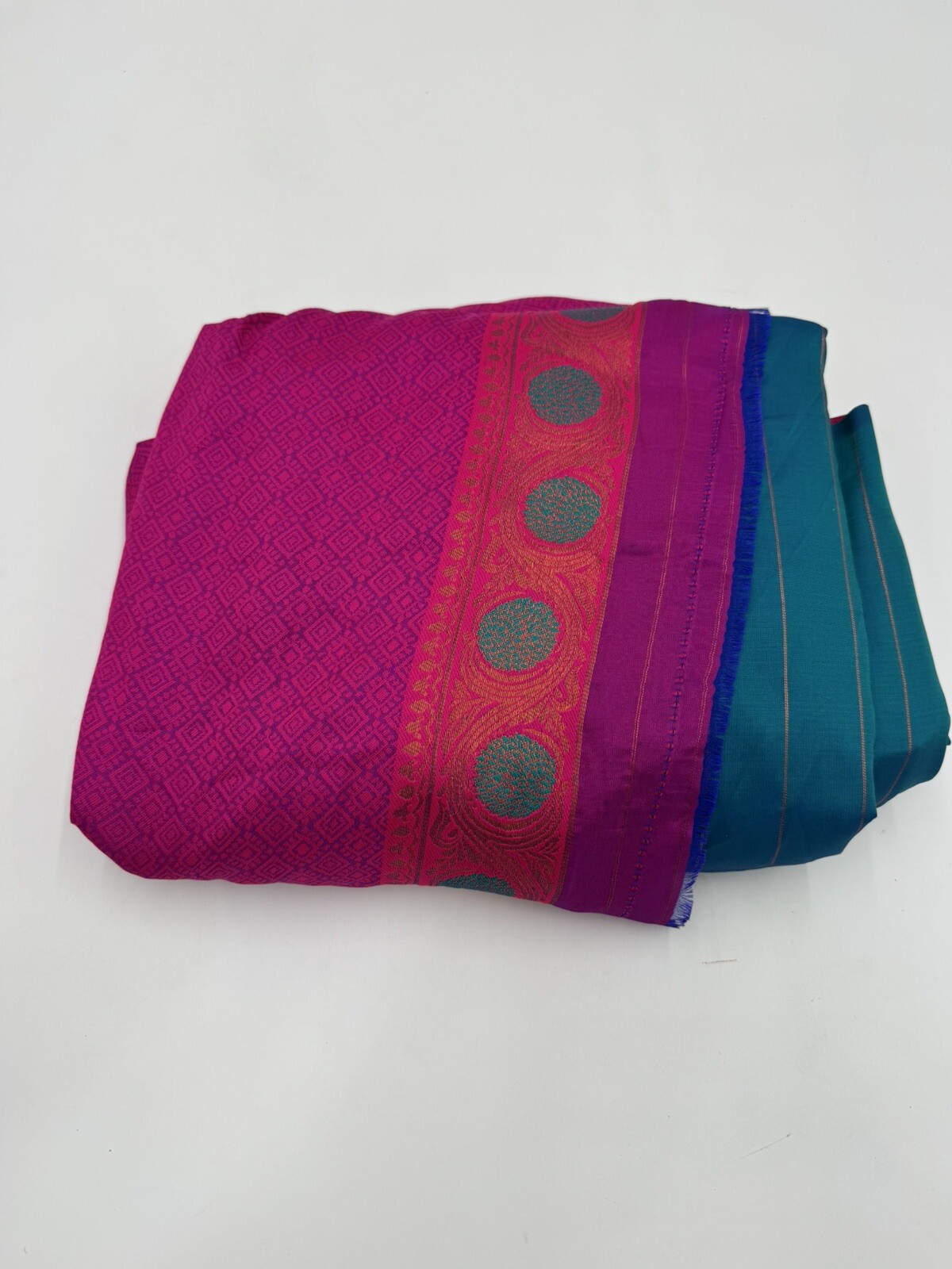 Saree Craft Material Pink Gold Teal Print Indian Fabric 44″ W X 6.9 YDs Silk