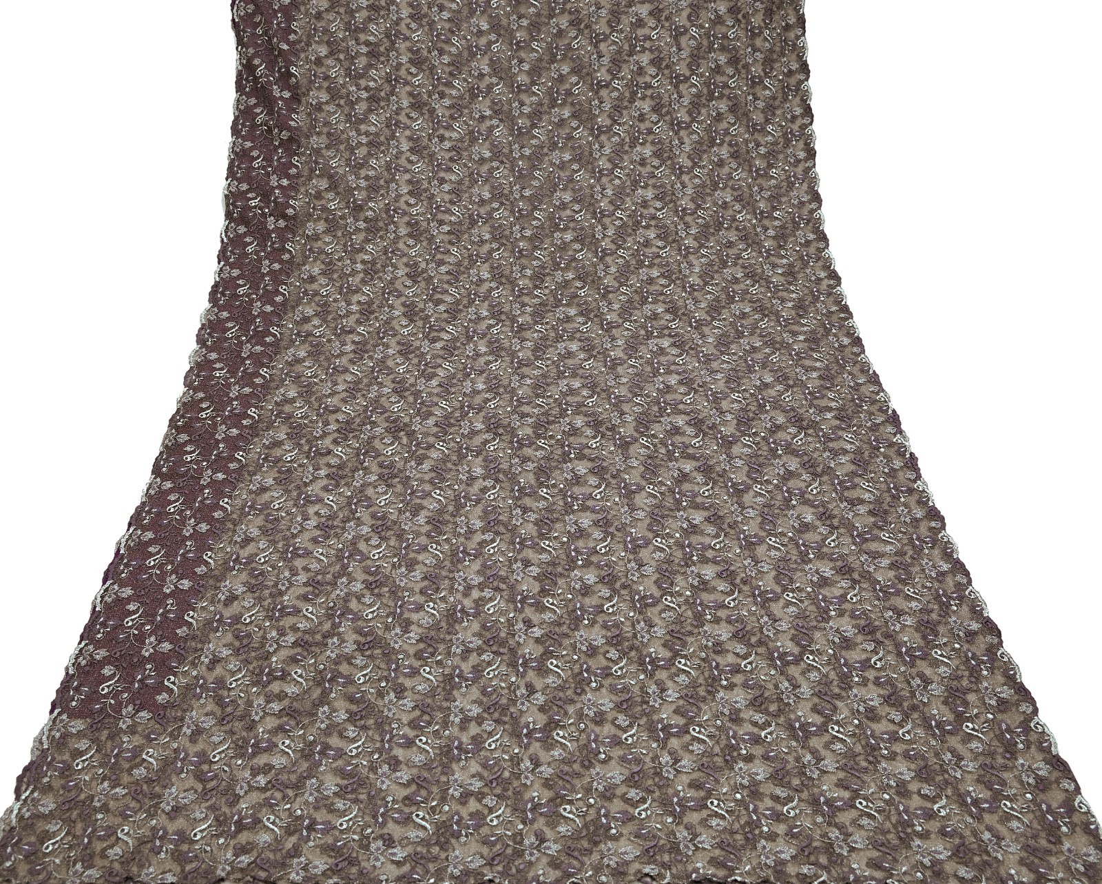 Indian Vintage Brown Saree Net/Mesh Embroidered Sari Craft Fabric Floral 5Yd