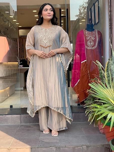 Embroidered A-Line Kurta with Palazzo for Women | Kaftan Sleeve | Round Neck |