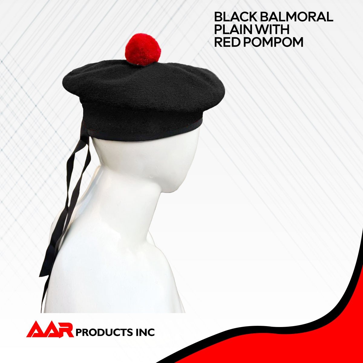 Wool Balmoral Scottish Black Plain Hat Red Pompom on Top