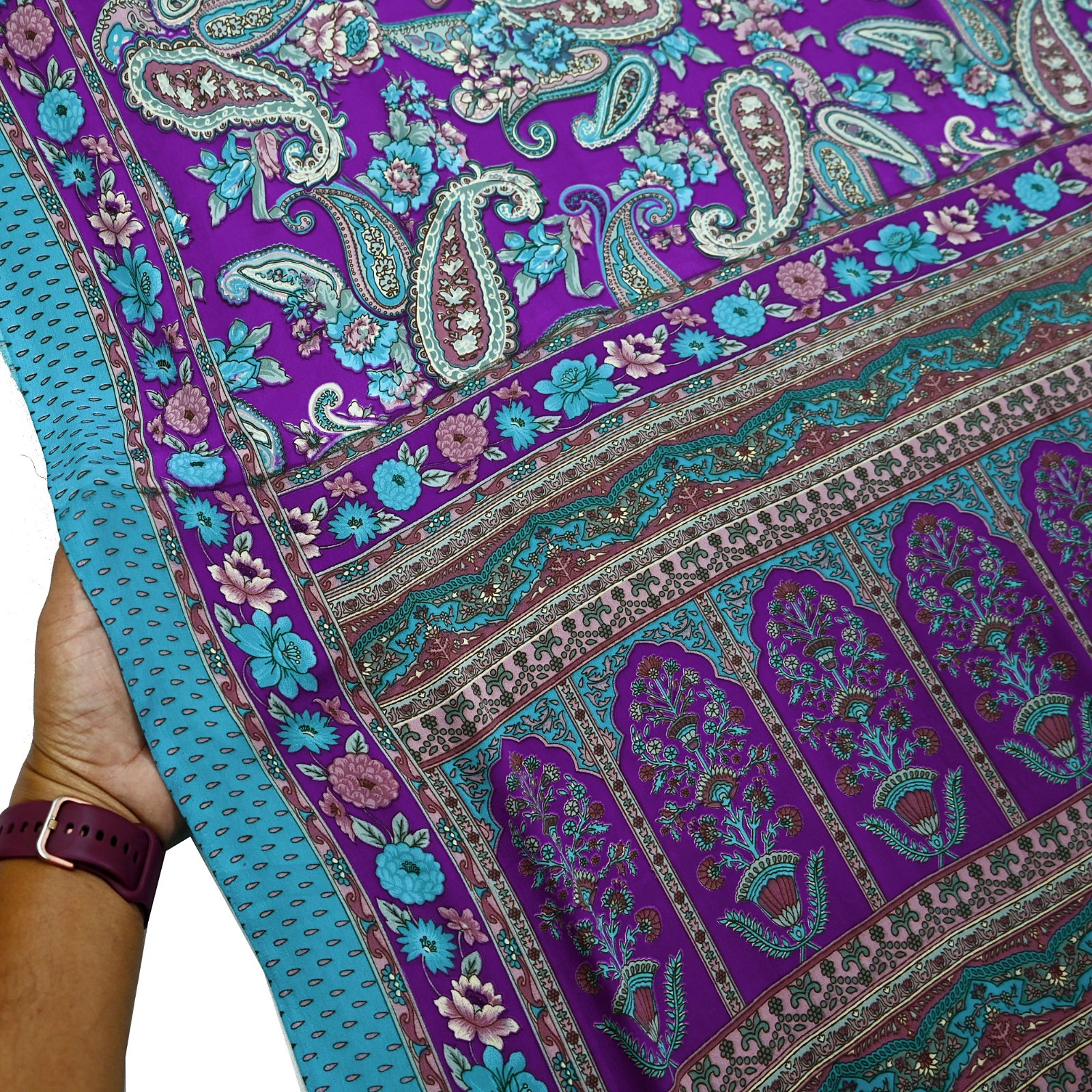 Indian Vintage Purple & Blue Moss Crepe Saree Printed Floral Sari Fabric 6 Yards