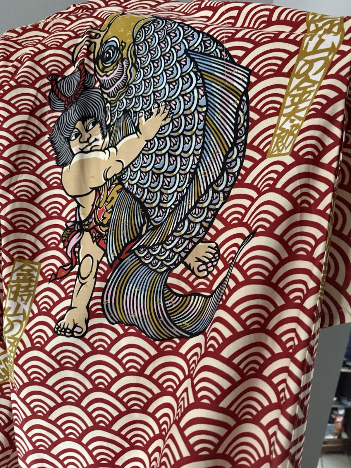 Kimono Multi-Color Red Wave Pattern with Sumo and Fish Design Size 170
