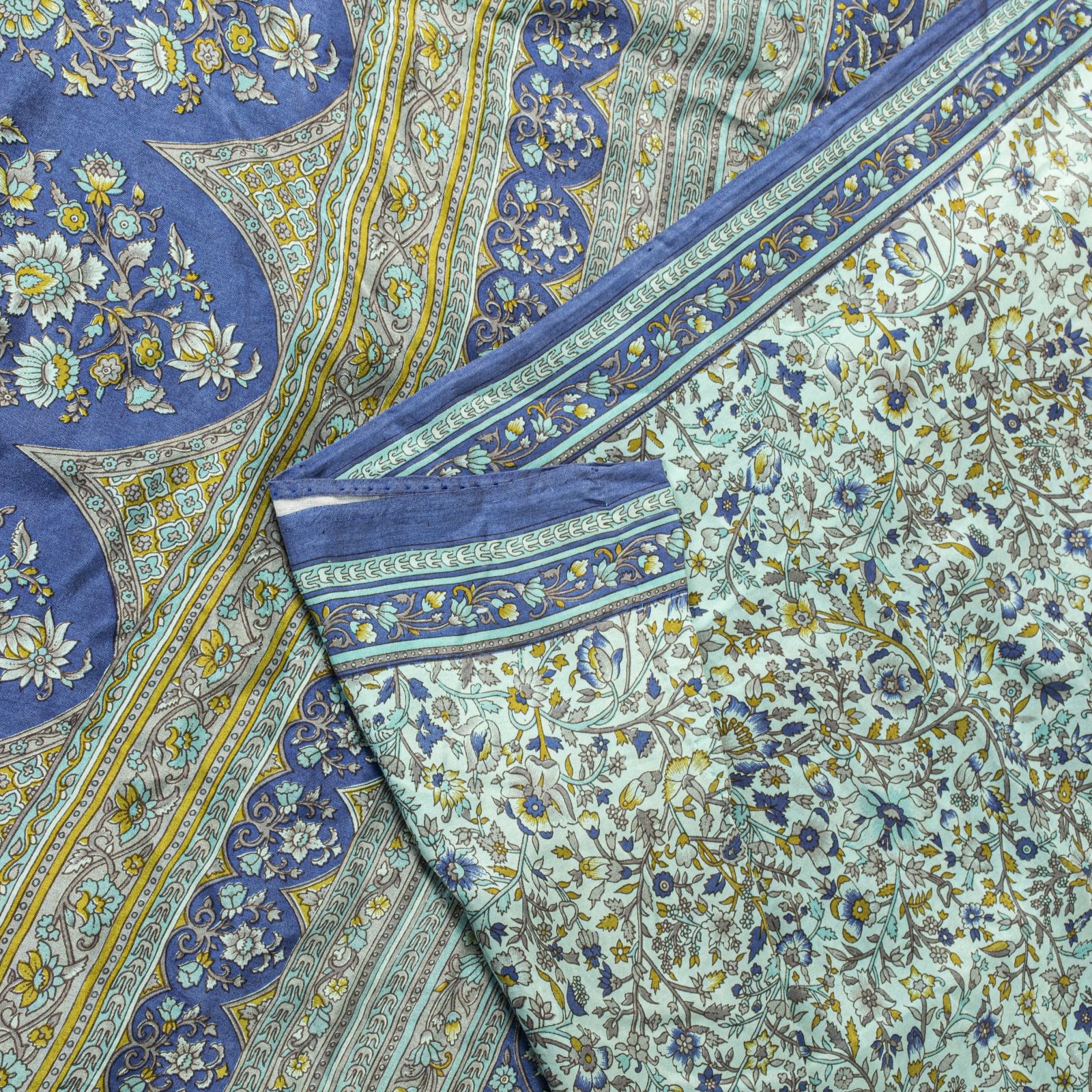 Sanskriti Vintage Saree Blue Soft 100% Pure Silk Floral Print Sari 5.5+Yd Fabric