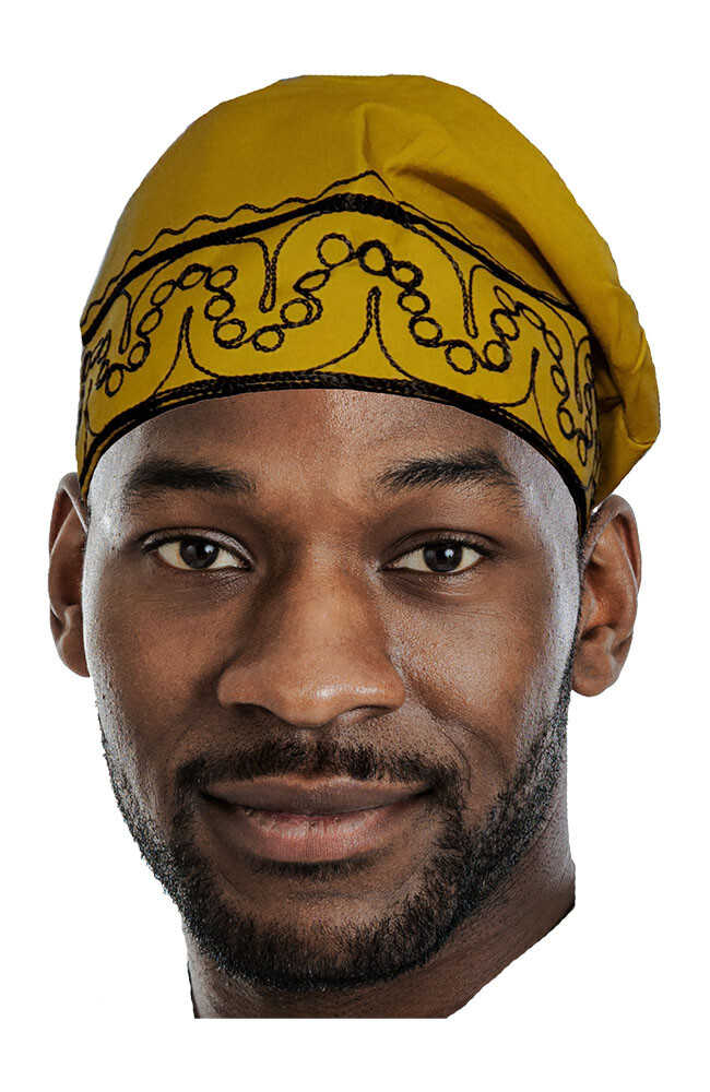 Gold African Kufi Hat with Black Embroidery