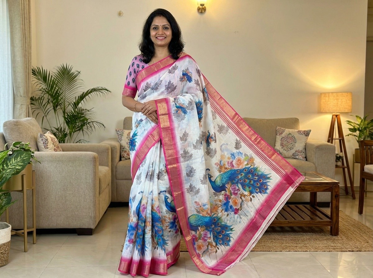 Digital Print Linen Saree with gold jari border and with readymade blouse 40-46