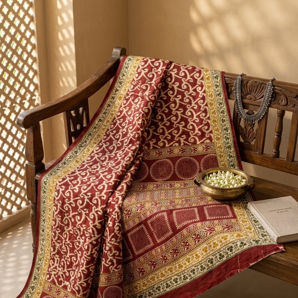Sanskriti Vintage Saree Red 100% Pure Cotton Ikat-Jamdani Print Sari 5+Yd Fabric