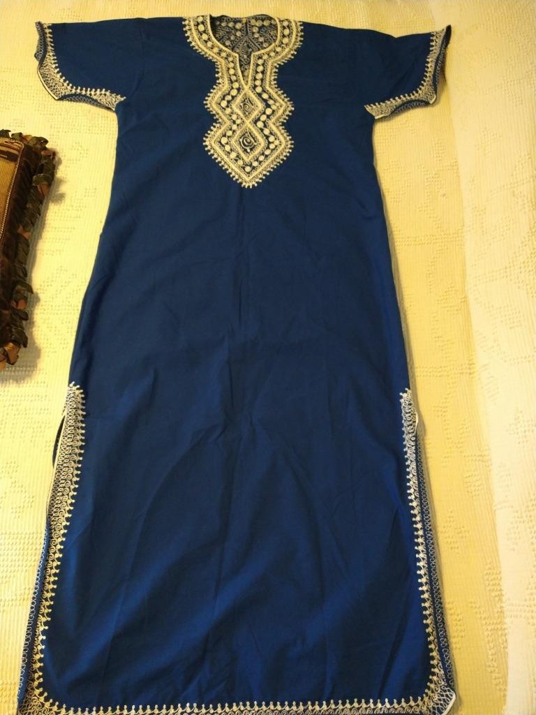 VINTAGE BLUE MOROCCAN KAFTAN SZ 14~ADULT~UNISEX~COTTON~EMBROIDERED~ETHNIC~SLITS
