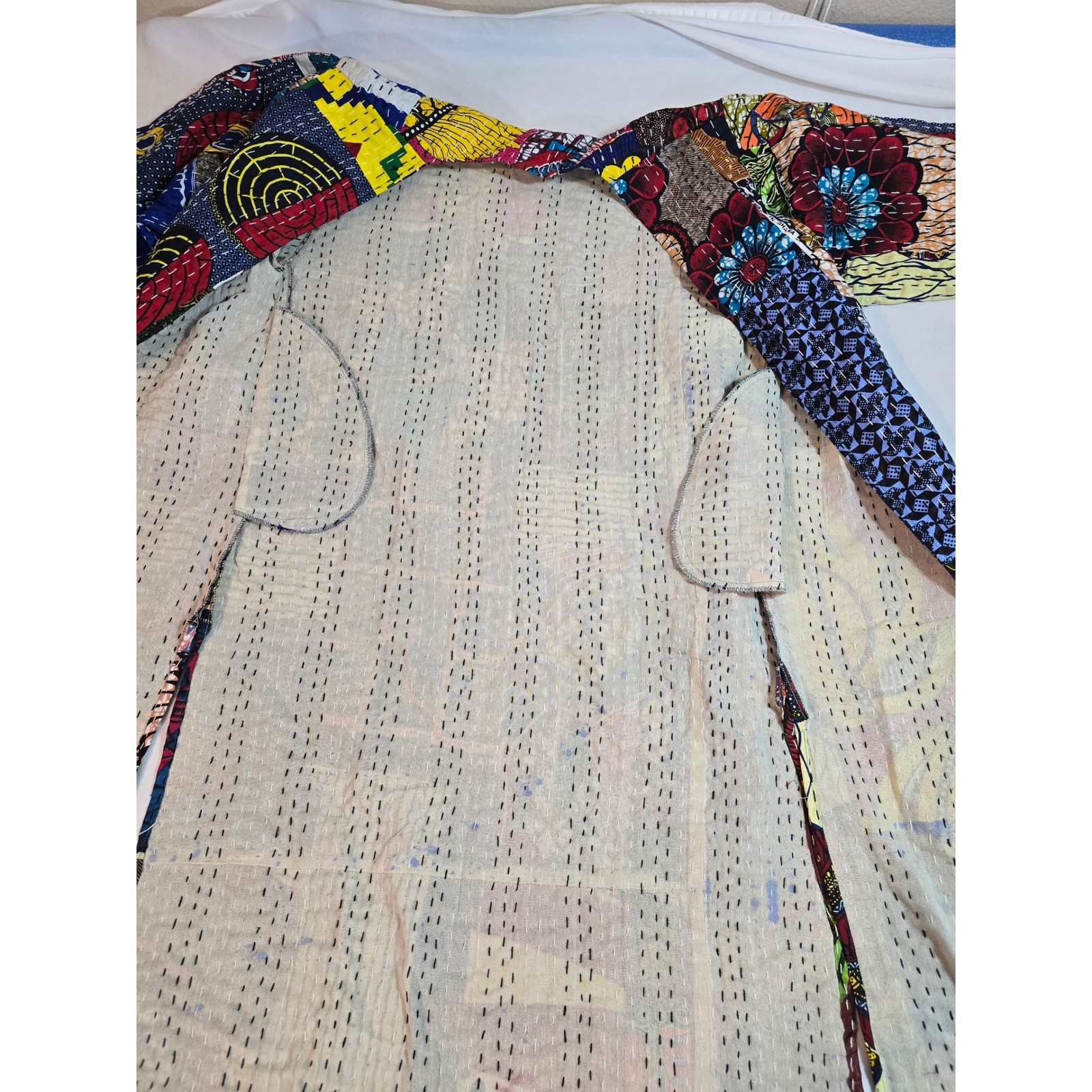 Raj Patchwork Kantha Stitch Kimono Jacket One Size India Cotton Pockets