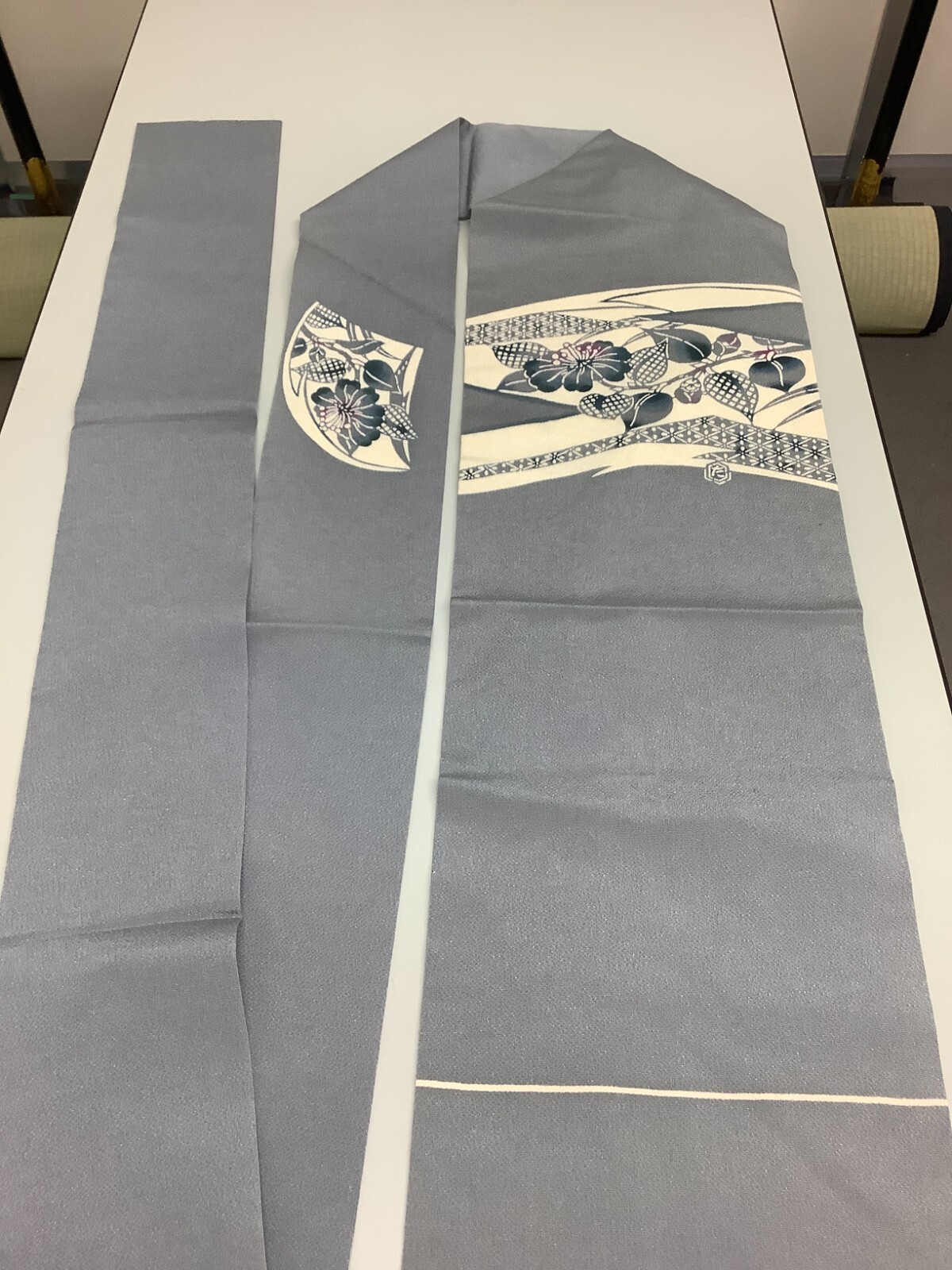 Japanese Vintage Kimono Nagoya Obi Pure silk Grey Traditional Flower 144.8x11in