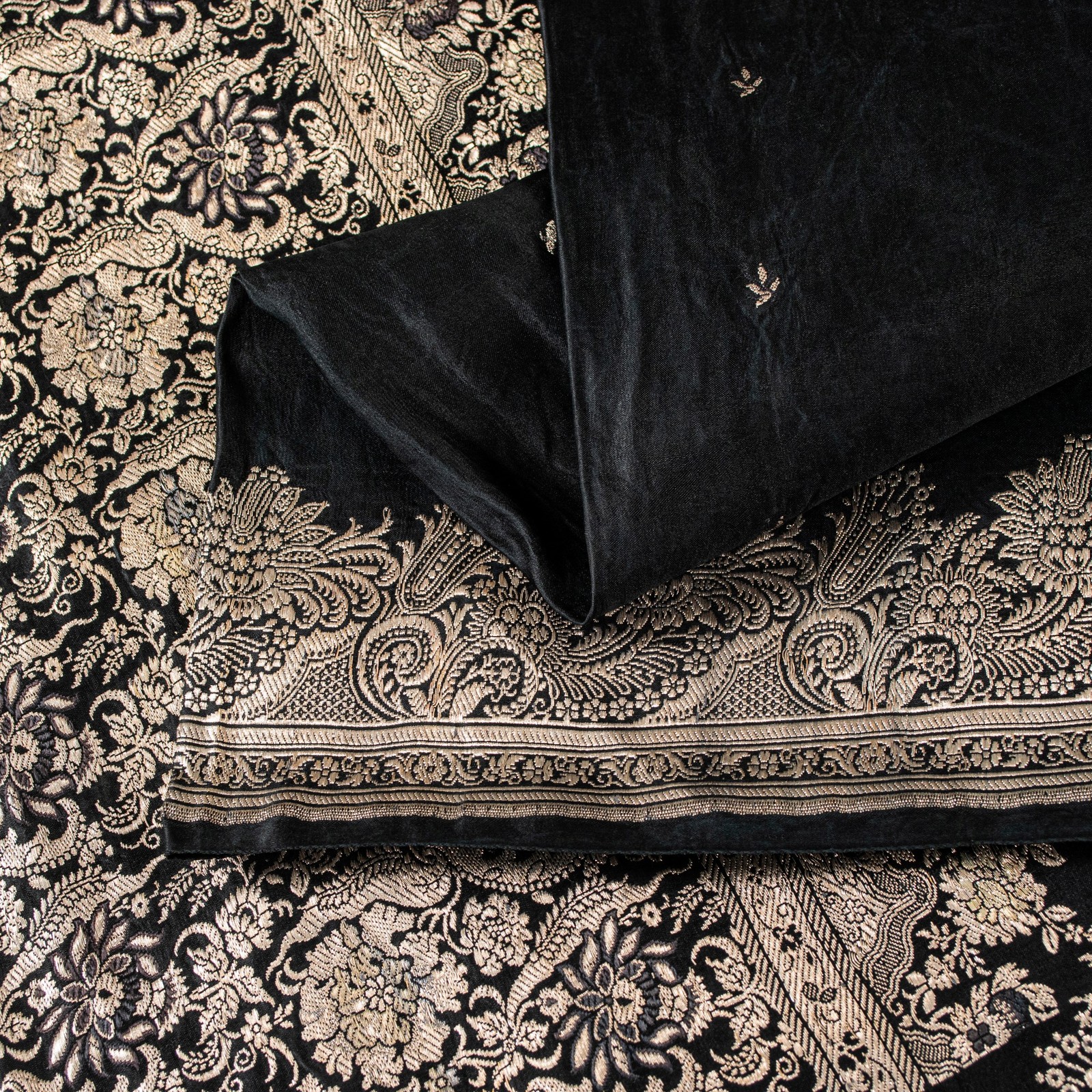 Sanskriti Vintage Black Pure Satin Sarees Banarasi Brocade Zari Hand Woven 5+Yd