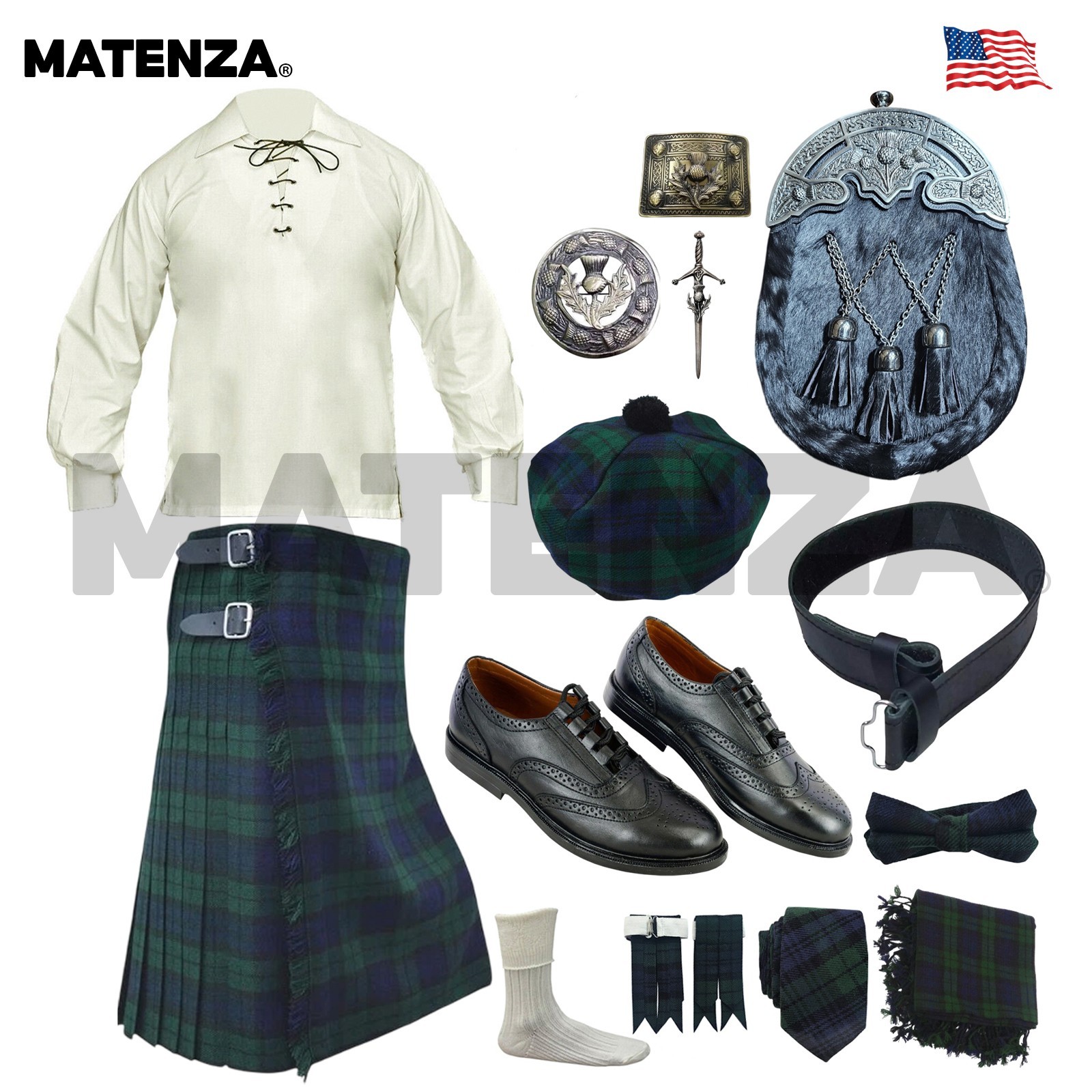 Black Watch Tartan 14pc Scottish Kilt Outfit Set 5 Yard Highland Wear