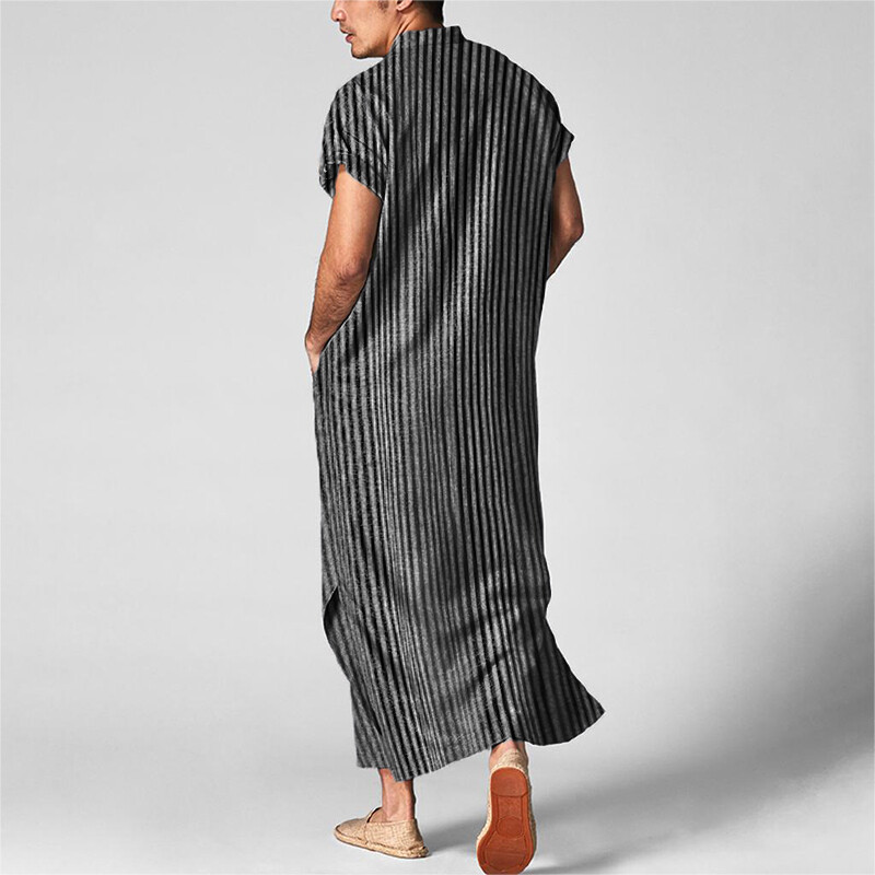 Fashion Men’s Muslim Short Sleeve Striped Thobe Saudi Arab Islamic Jubba Kaftan