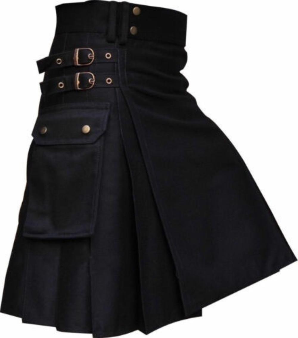 Men Utility Modern Hybrid Cotton Tartan Kilts Male Scottish Black Pleated Skirt