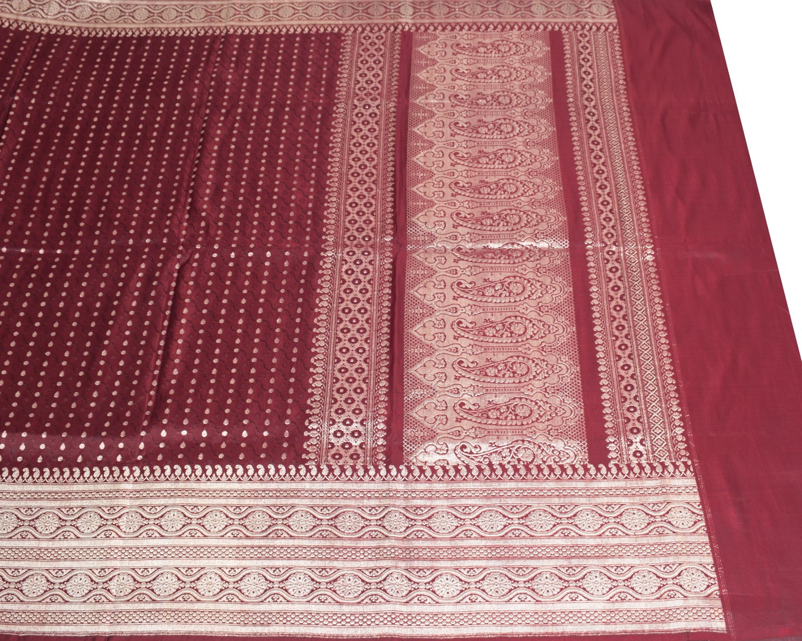 Sushila Vintage Heavy Saree Pure Satin Silk Banarasi Brocade Maroon Sari Fabric