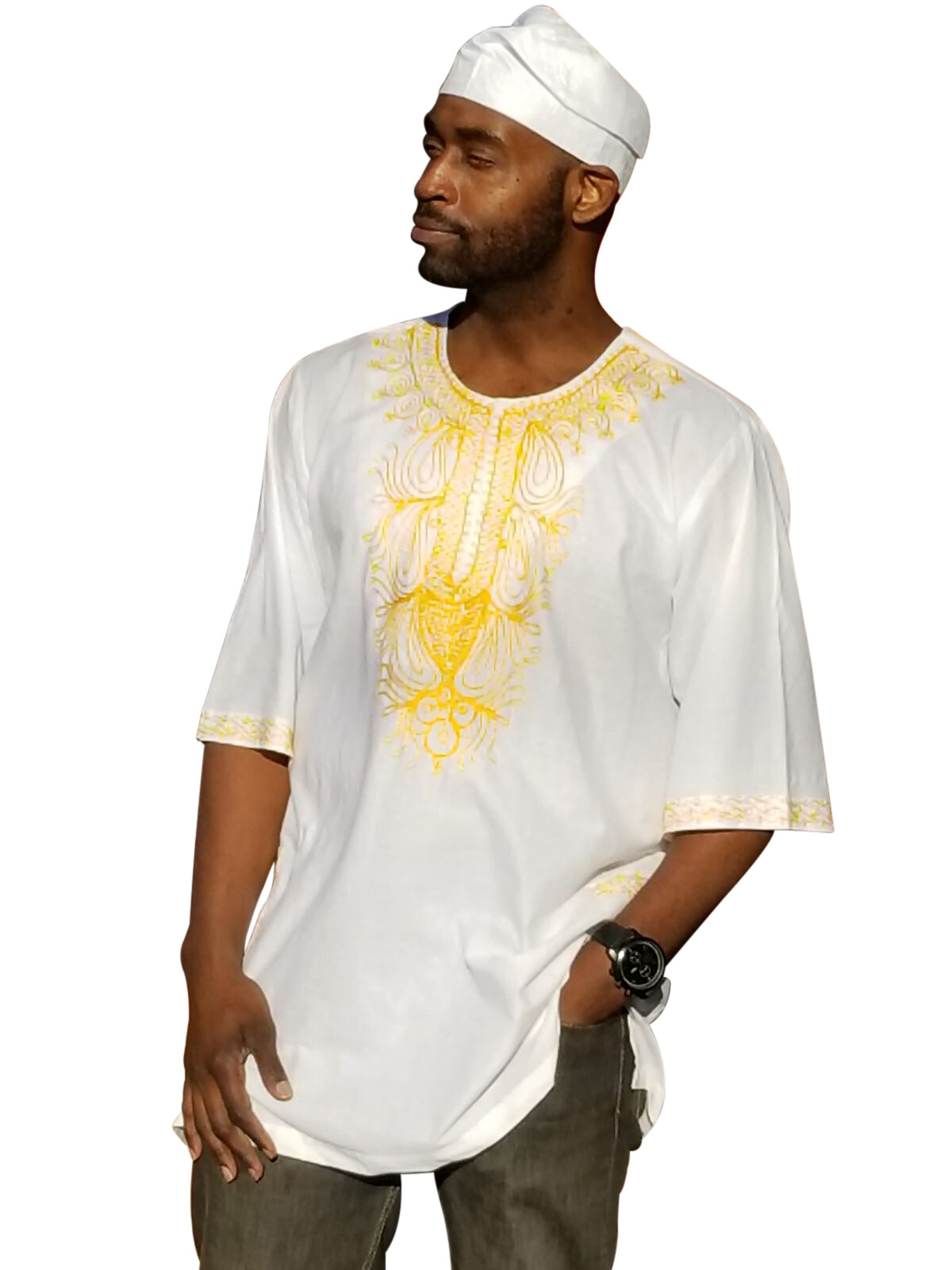 Off-White African Dashiki Shirt with Golden Orange Embroidery