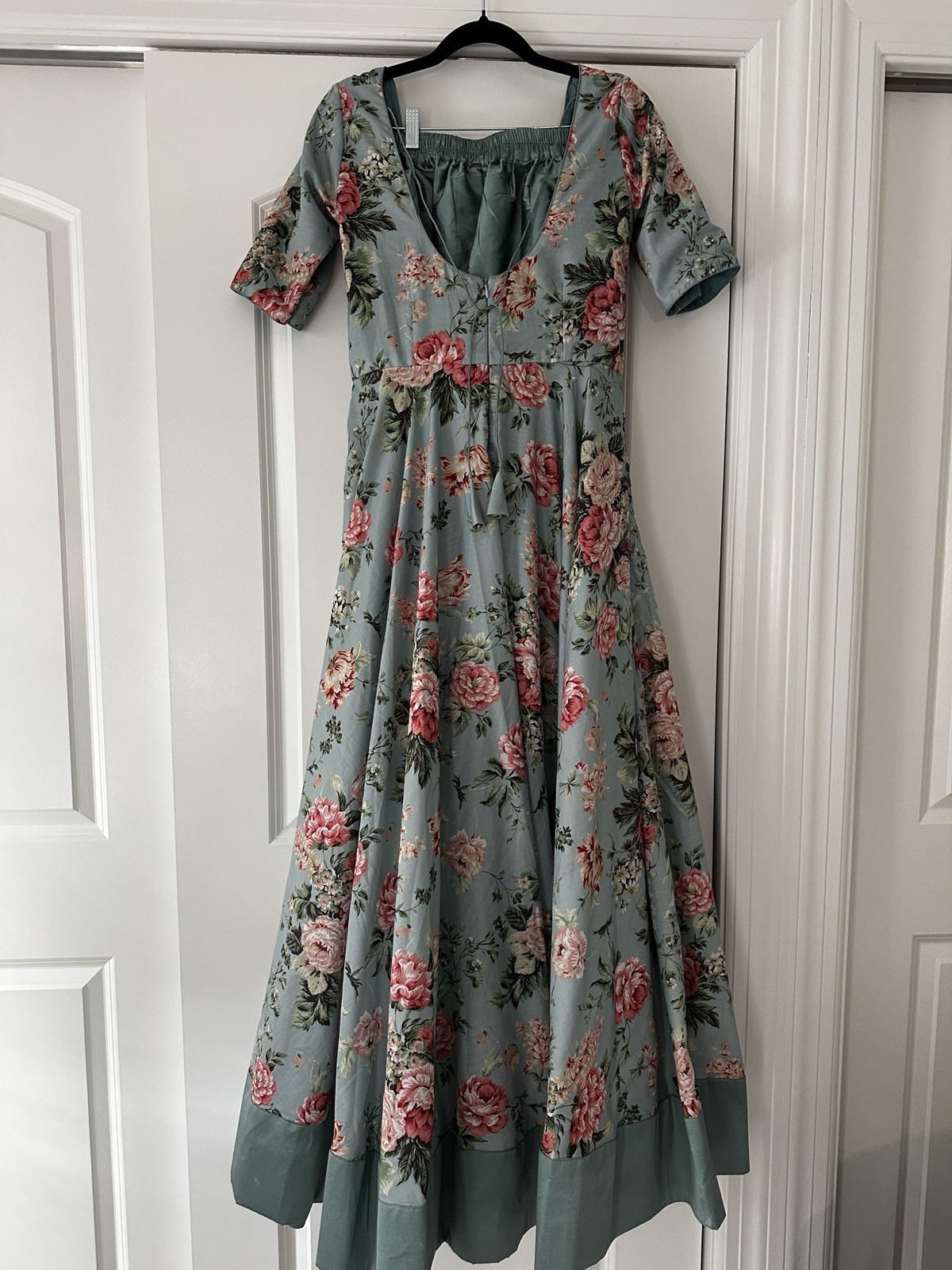 Sky Blue Floral Floor Length Anarkali w/ Pants and Net Dupatta