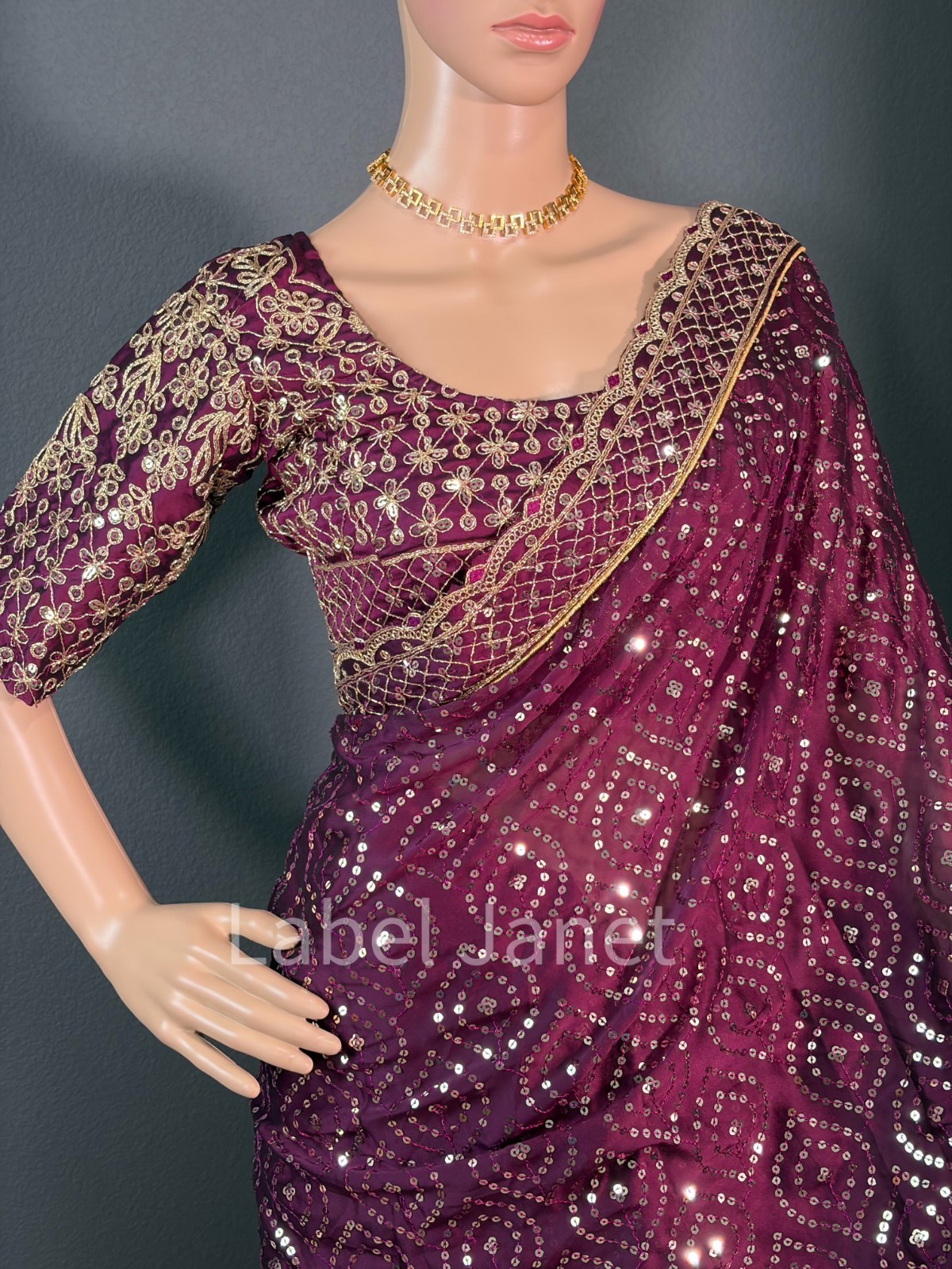 Wine Purple Sequin Party Wear Saree with Stitched Blouse (36-42″)