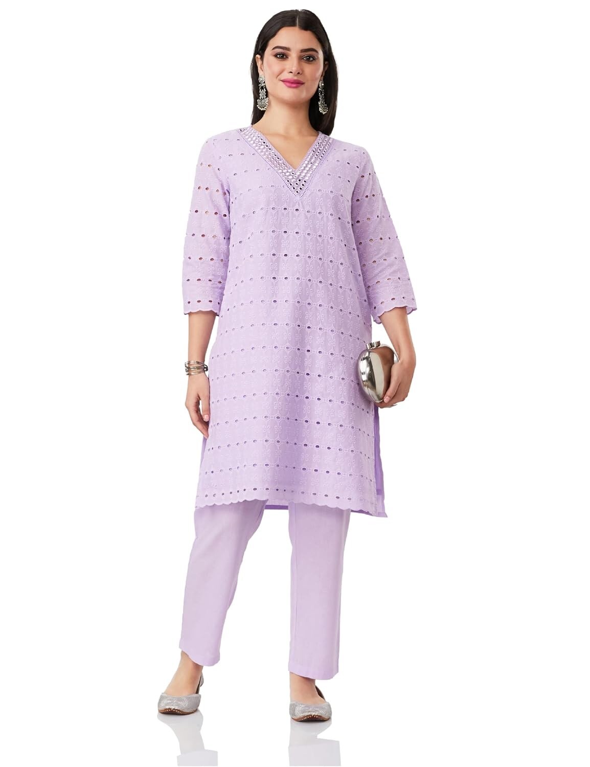 Women Schiffli Embroidery Kurta Pant Co-Ord Set