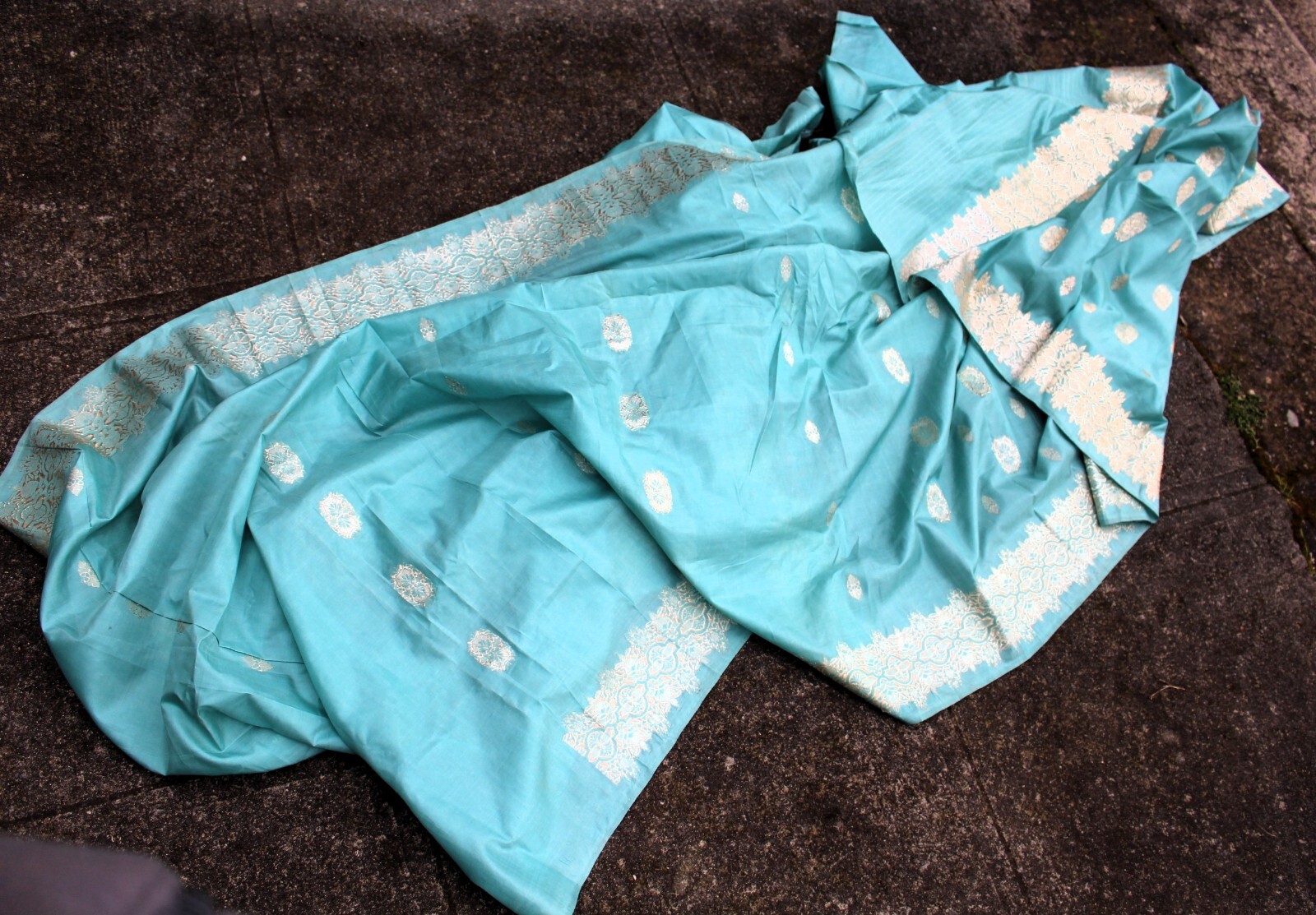 Unused Hand Woven South Asian Sky Blue Silk Sari with Silver Weft Brocade