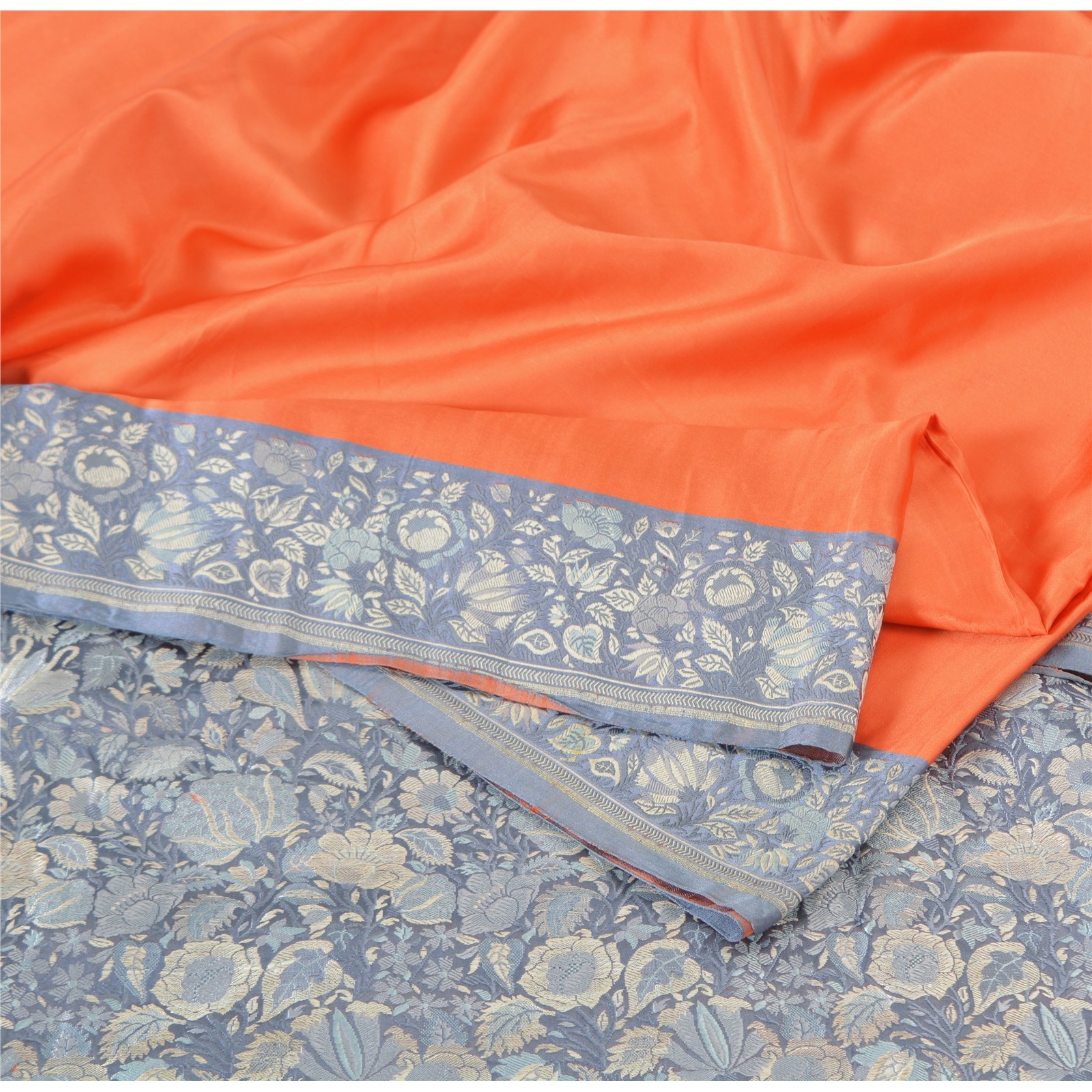 Sanskriti Vintage Orange Sarees Pure Satin Silk Banarasi Hand Woven Sari/Fabric