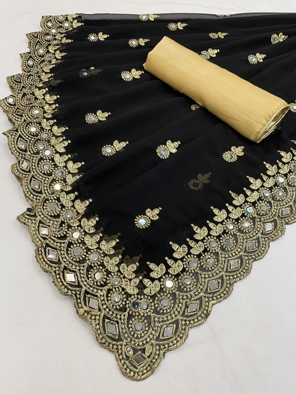 Self Design, Embroidered Bollywood Georgette Saree (Black)