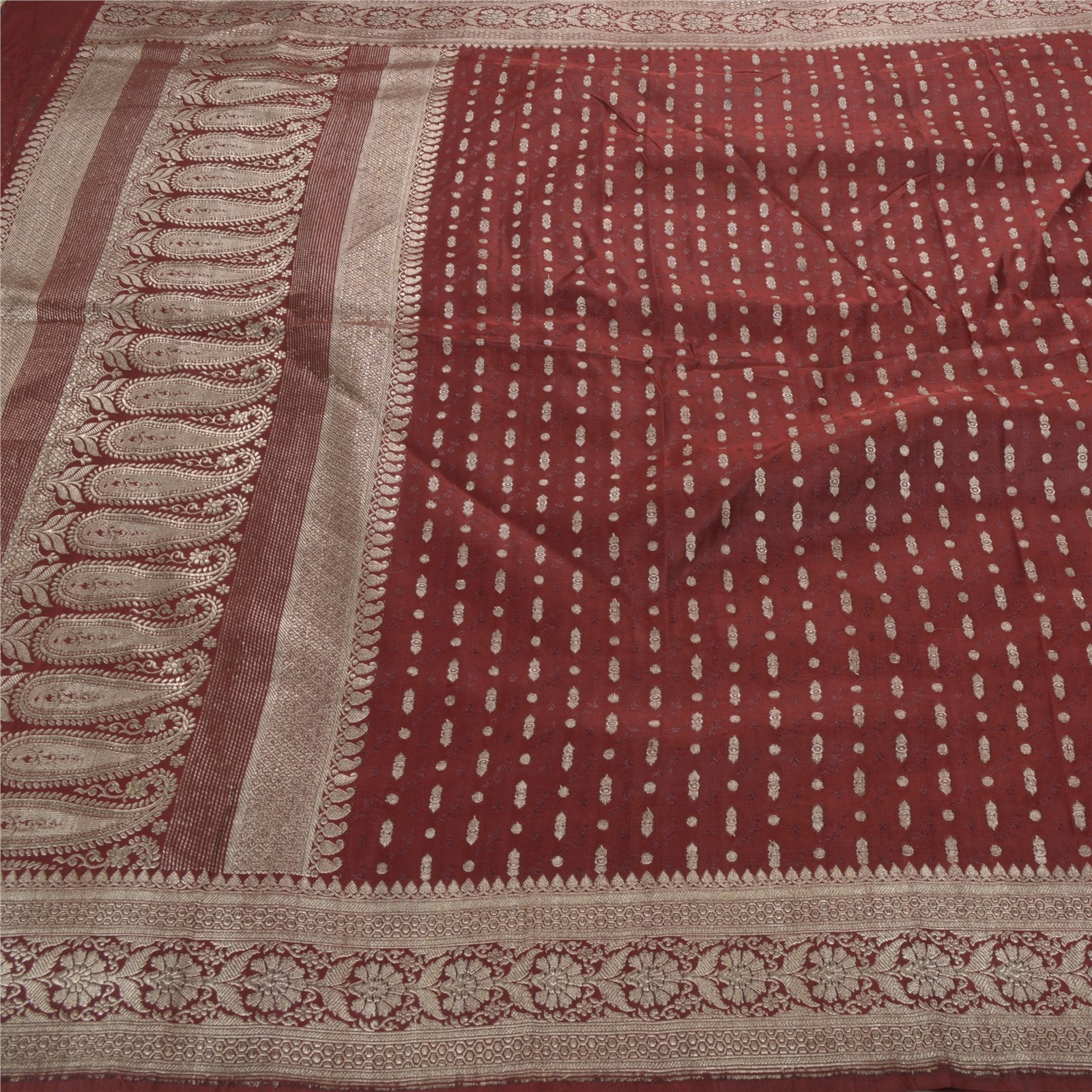 Sanskriti Vintage Red Sarees Pure Satin Zari Hand Woven Banarasi Brocade 4+YD