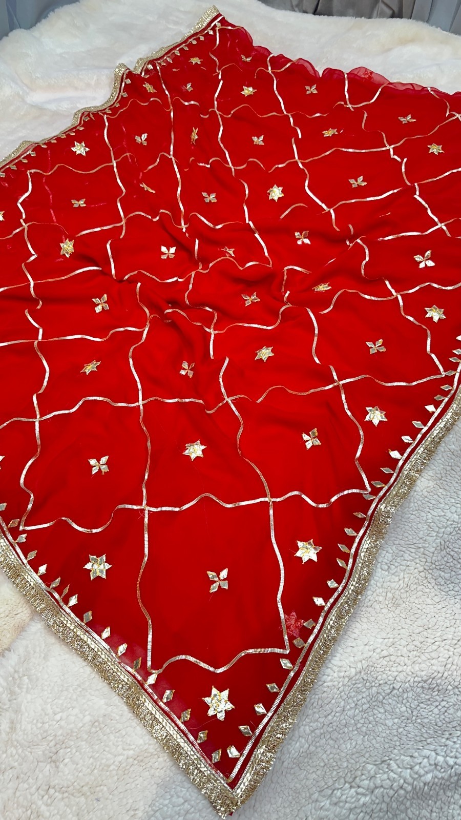 Women Red Georgette Saree with Traditional Kaccha Gotta Work Unstitched Blouse