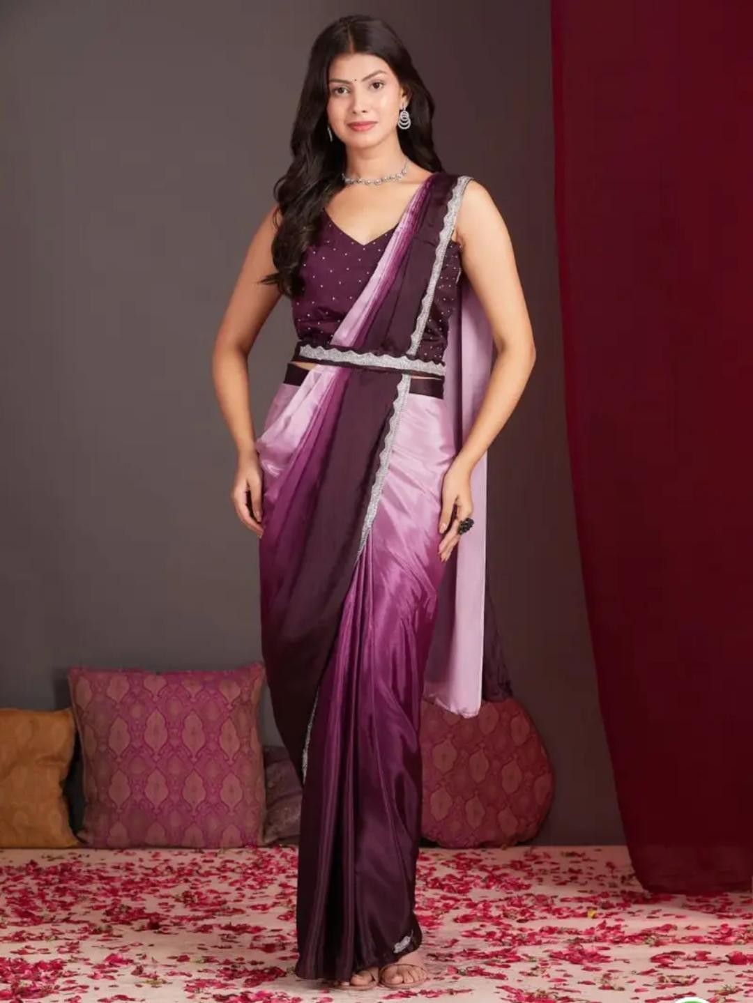 Wine Chinnon Ombre Ready To Wear Saree One Minute Saree Free Petticoat