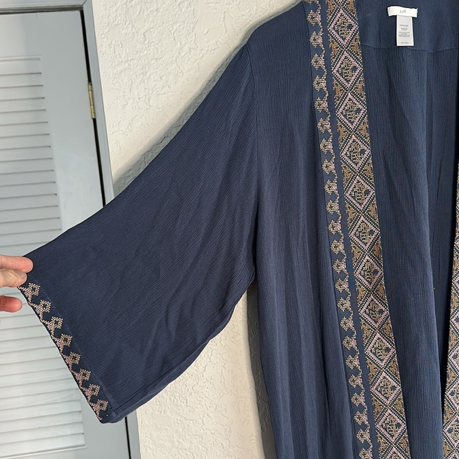 J Jill Embroidered Blue Kimono Cardigan Boho Coverup Aztec Lagenlook Resortwear