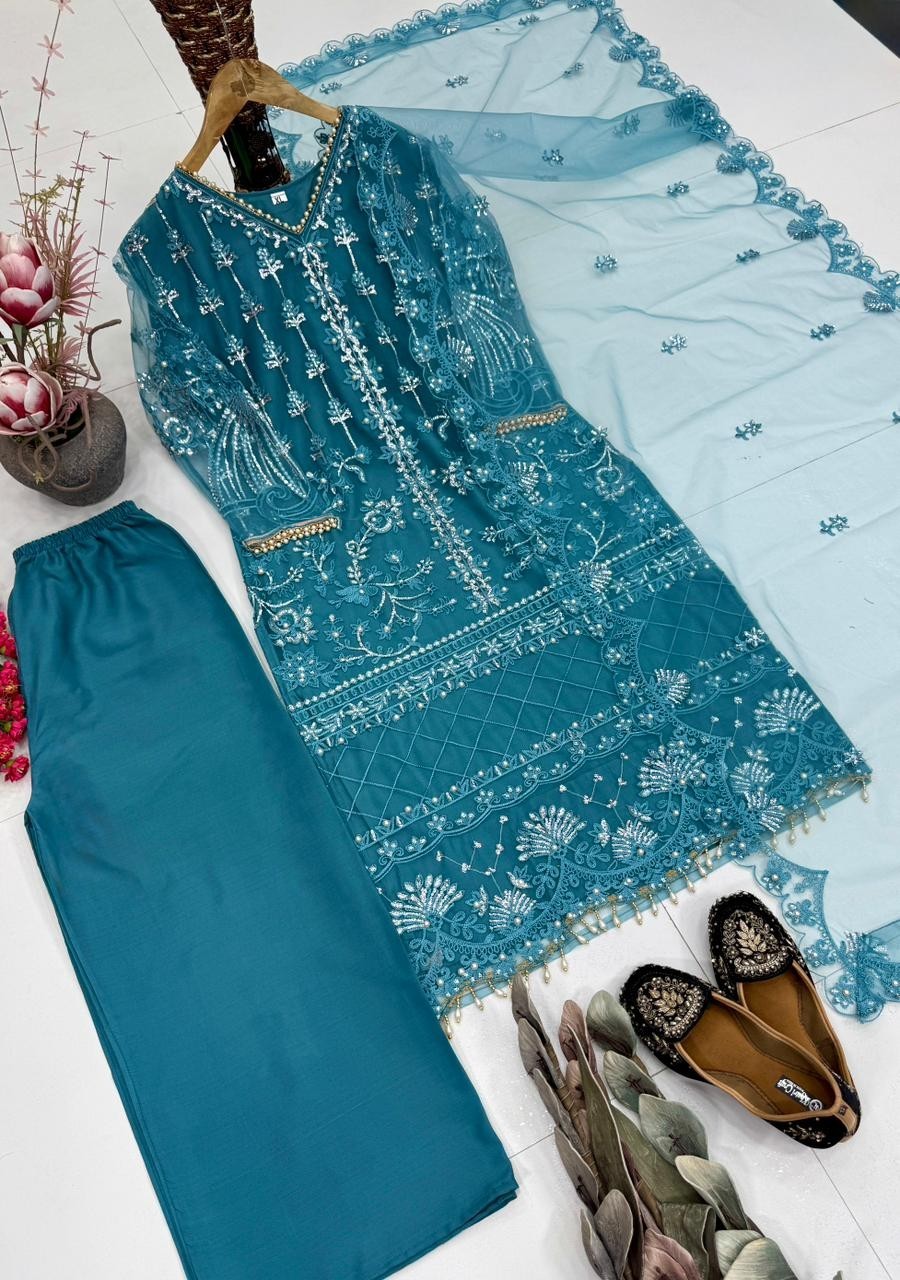 New Latest Soft Net Top Palazzo With Dupatta For Indian Party Wear