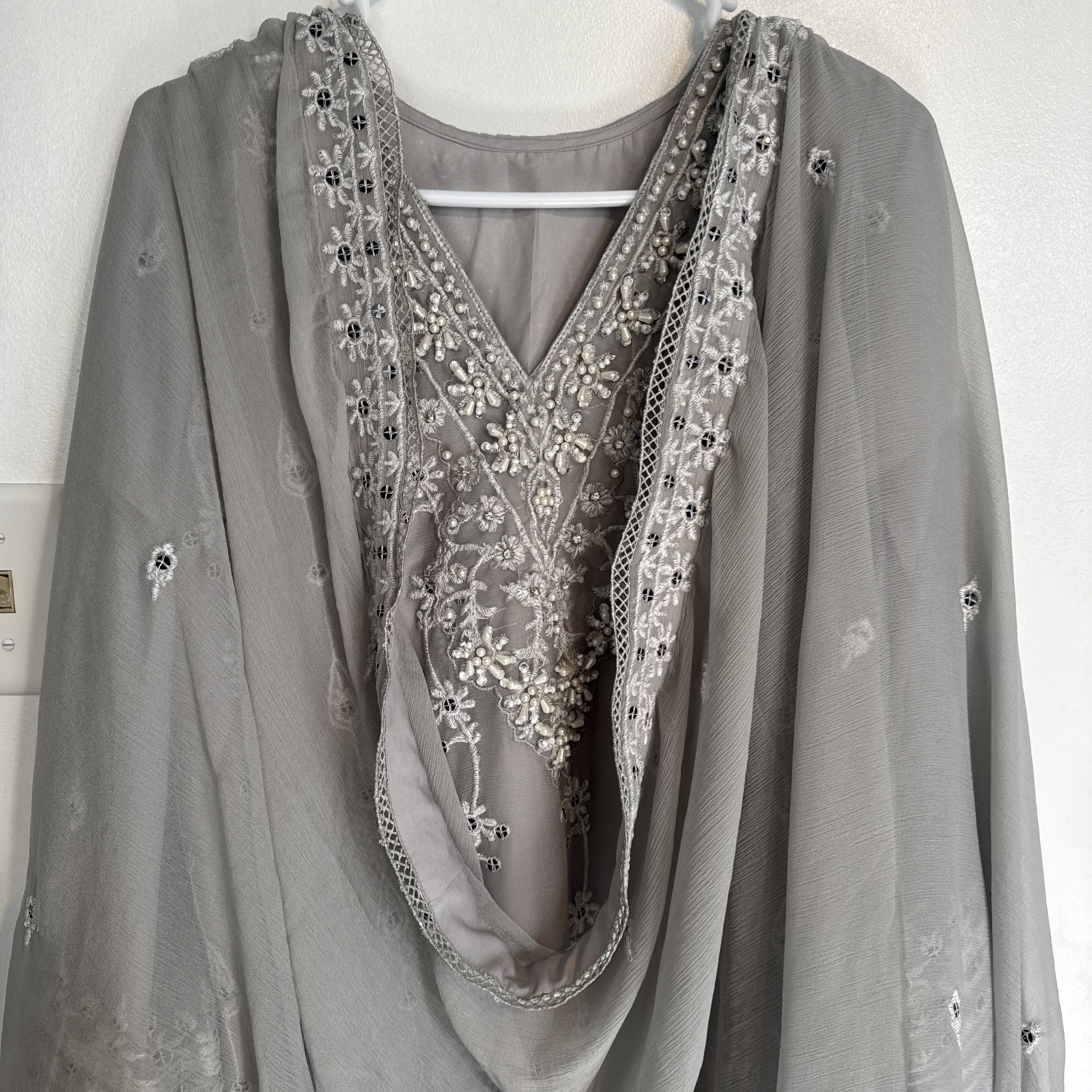Pakistani Gray Embroidered Pearl Shalwar Kameez Suit Wedding Eid Ethnic Ramzan