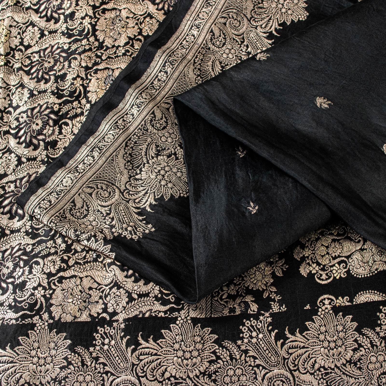 Sanskriti Vintage Black Pure Satin Sarees Banarasi Brocade Zari Hand Woven 5+Yd