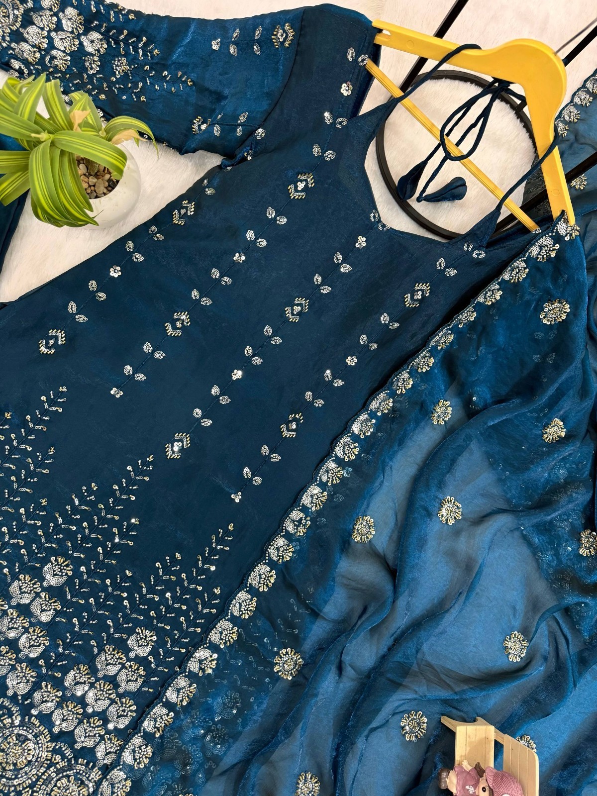 Teal Blue Fendy Satin Palazzo Suit Embroidered Cut Work Border Dupatta