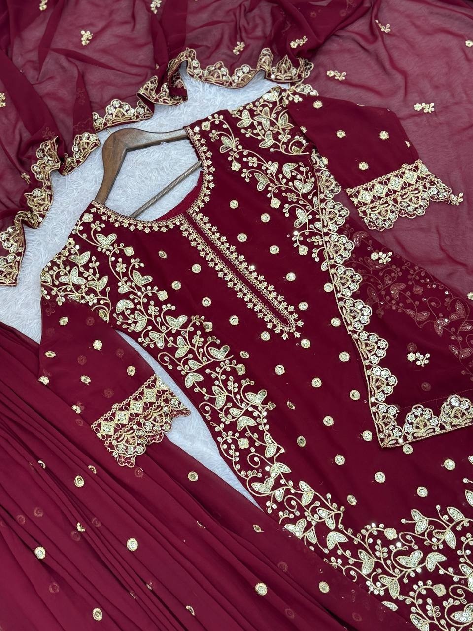 New Designer Faux Georgette Maroon Palazzo Suit With Dupatta For Function