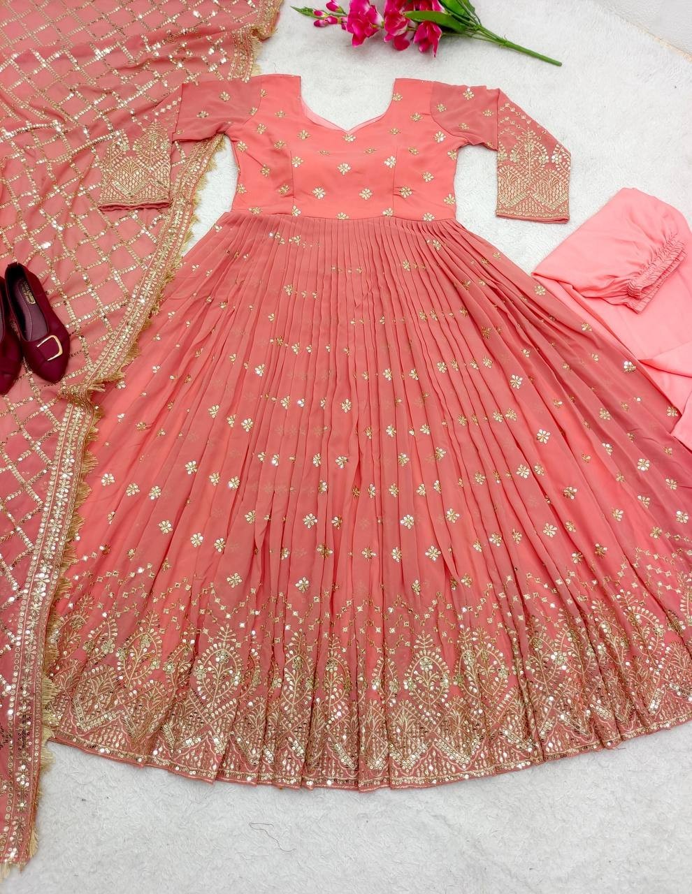 Heavy Faux Georgette Peach Gown Bottom With Dupatta For Functional Wear