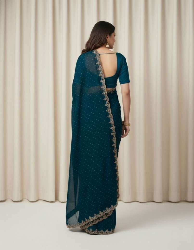 Women’s Embroidered Banarasi Georgette Saree with Unstitched Blouse (Light Blue)