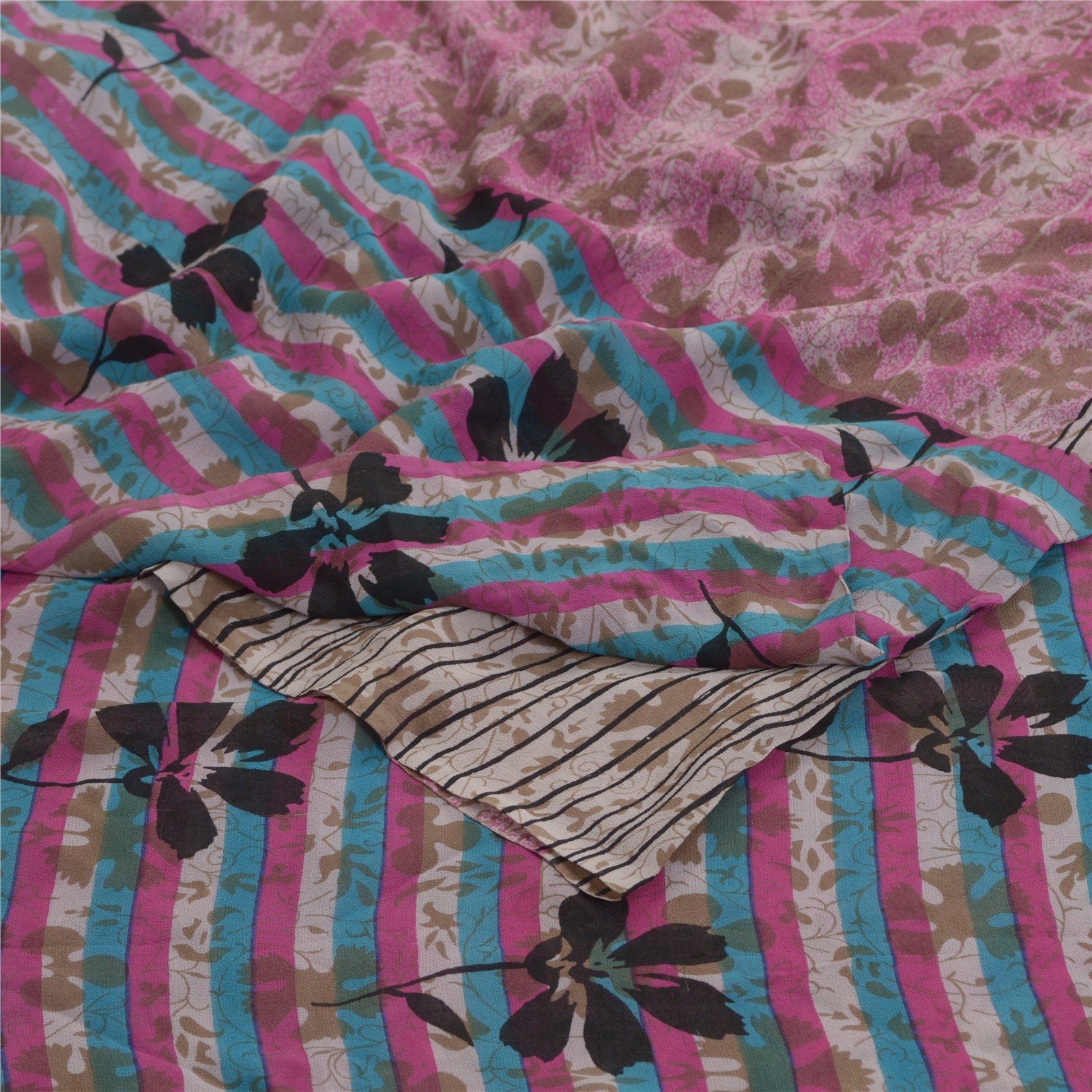 Sanskriti Vintage Pink &Cream Sarees Pure Georgette Silk Print Sari Craft Fabric