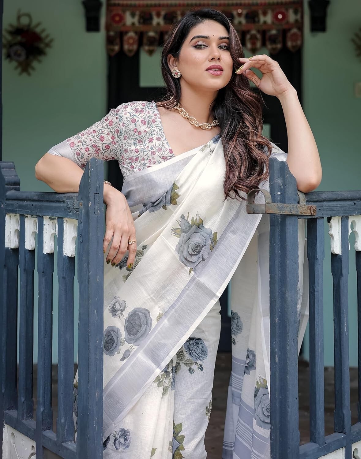 Women’s Cotton Linen Printed Saree with Unstitched Blouse Piece